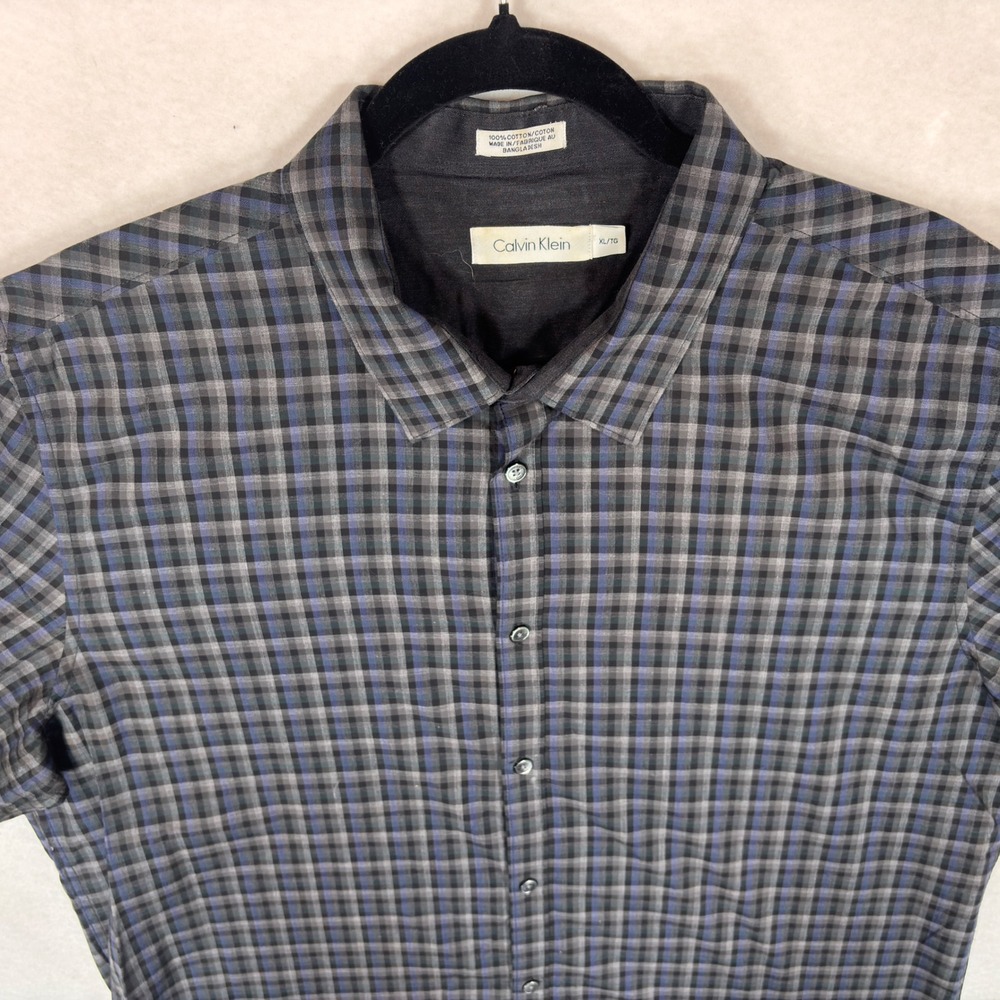 Calvin Klein Mens XL Grey Blue Plaid Long Sleeve Button Down Cotton Shirt
